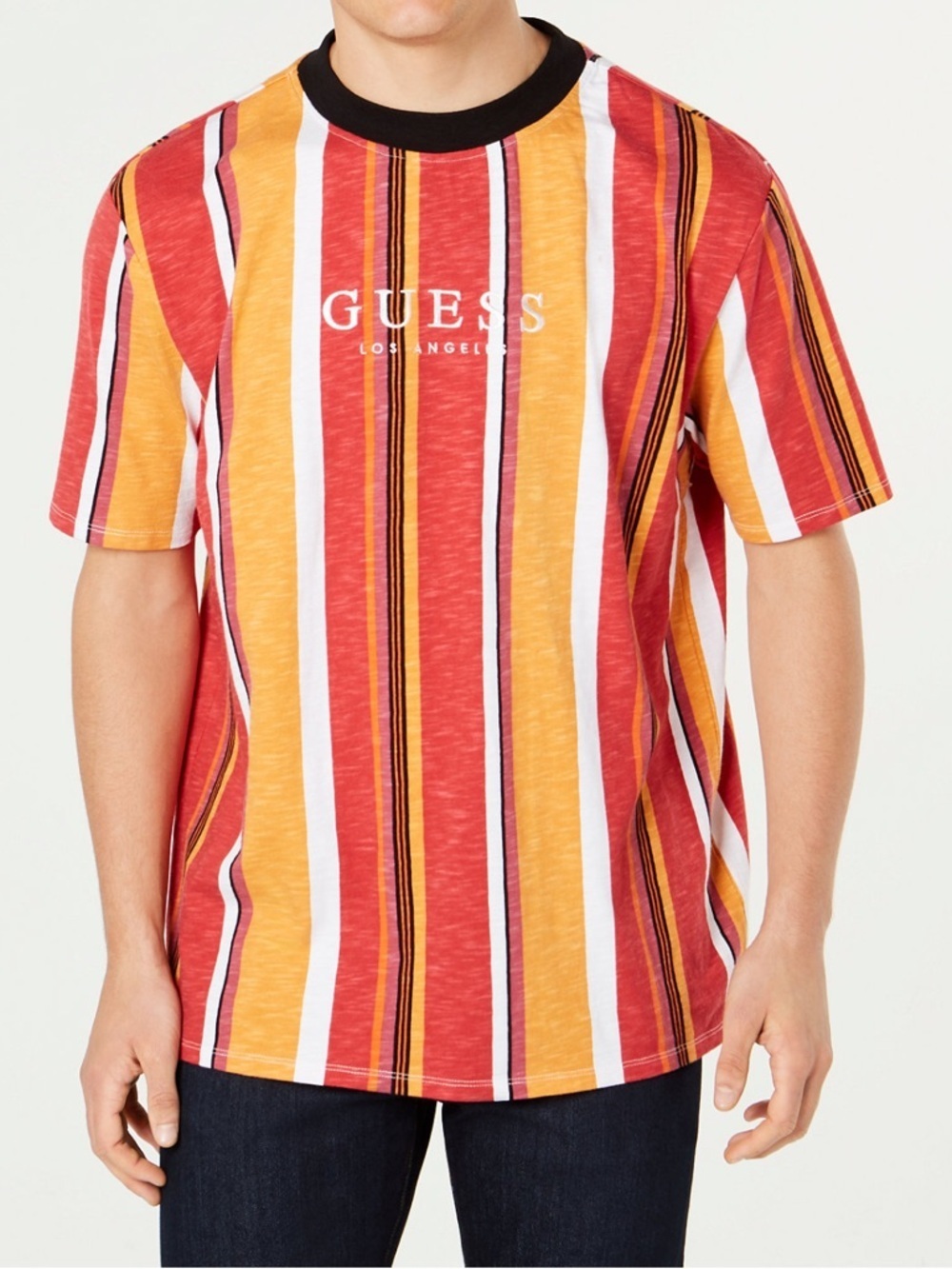 New GUESS ORIGINALS Men’s Red, Yellow & White Striped Logo Tee with Black Trim - Picture 1 of 8
